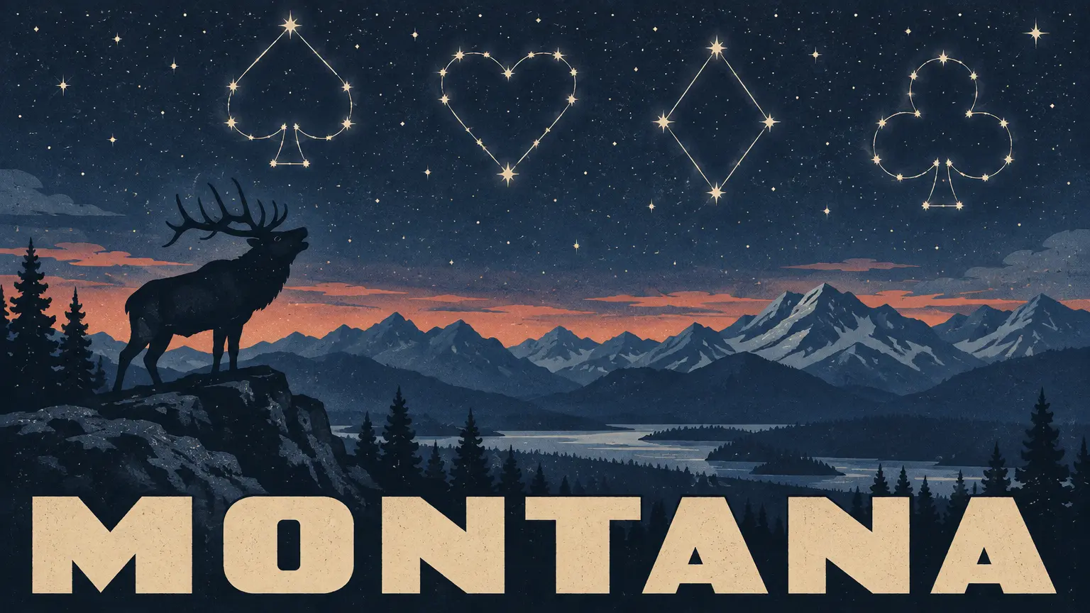 Montana under a night sky, the four suits drawn in the stars above an elk on the ridge