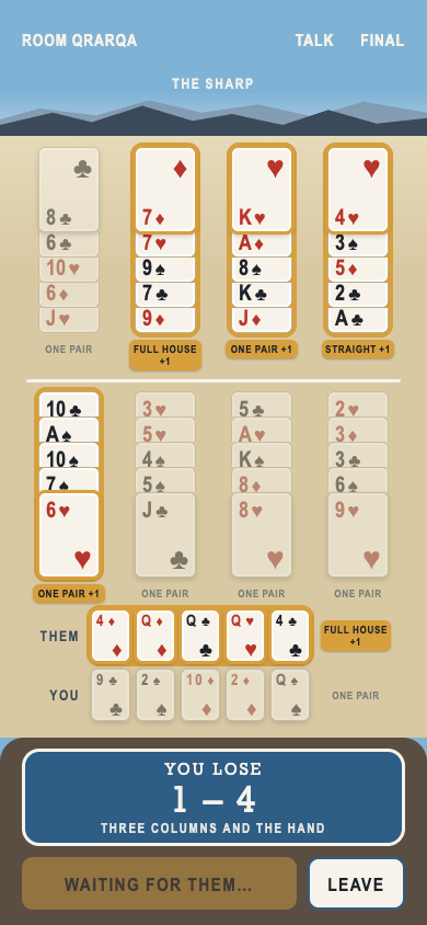 The reveal: each matchup marked with its hand name and the points it won, final score 1 to 4