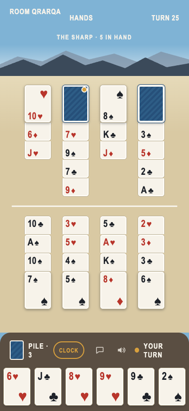 A game in progress against The Sharp: four columns a side, the house's last cards face down